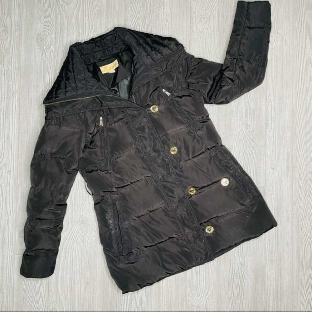 Michael Kors down feather long sleeve puffer jacket black gold buttons high coll
